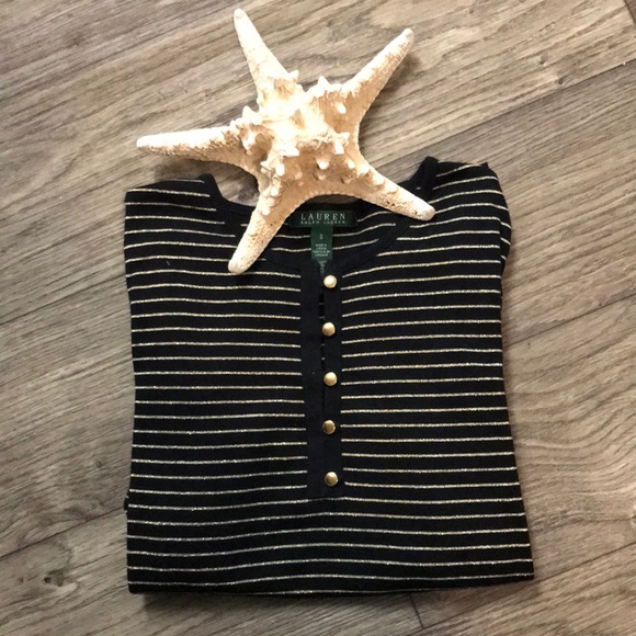 Ralph Lauren Black & Gold Striped Long Sleeve Henley Top, S - Picture 4 of 8